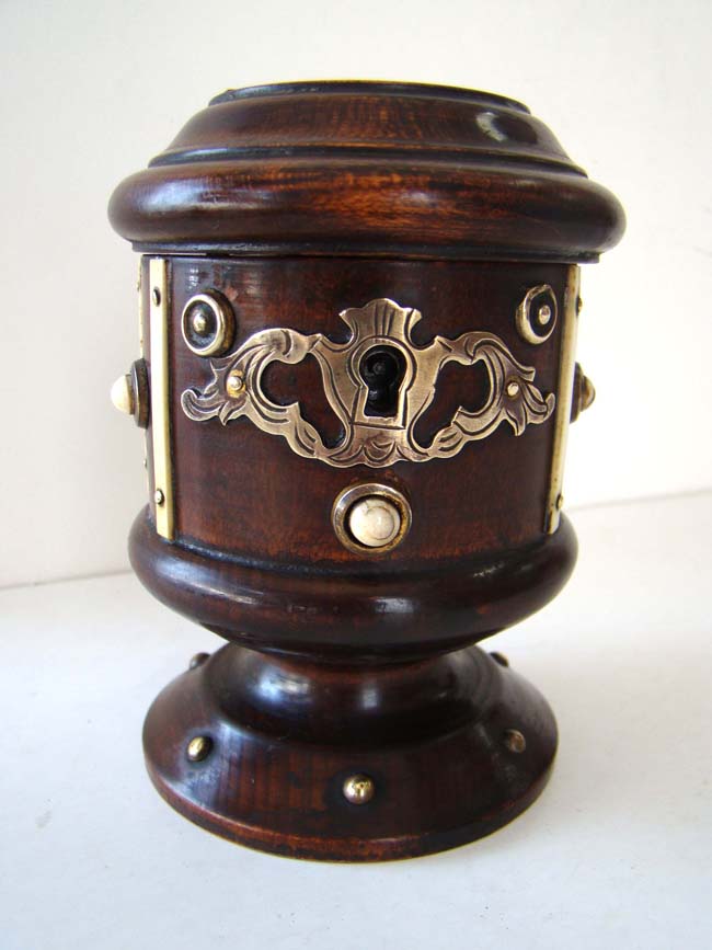 A wonderful Victorian "Treen" child's bank with bone and brass decoration circa 1875